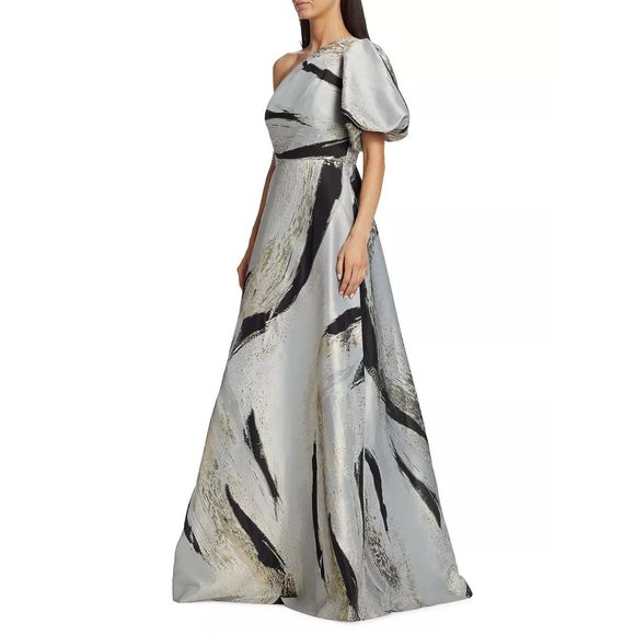 Teri Jon by Rickie Freeman Asymmetric Abstract Jacquard Gown - Picture 1 of 10